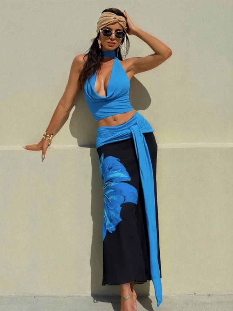 Sexy 2-Piece Set Women Halter Swing Collar Backless Tank Tops+Print Patchwork Tassels Folds Skirt Chic Vacation Suit
