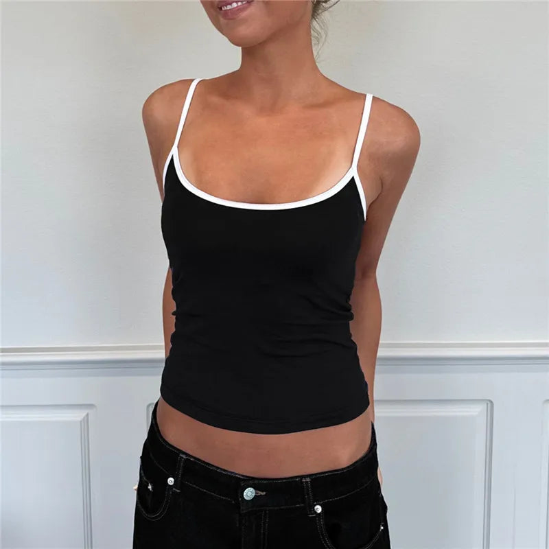 Y2K Color Block Trim Cami Top White Piping Spaghetti Strap Slim Fit Tank Solid Color Casual Streetwear Going Out Tops