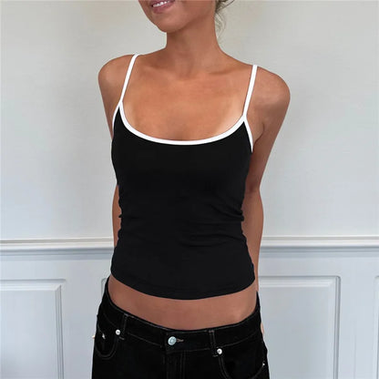 Y2K Color Block Trim Cami Top White Piping Spaghetti Strap Slim Fit Tank Solid Color Casual Streetwear Going Out Tops