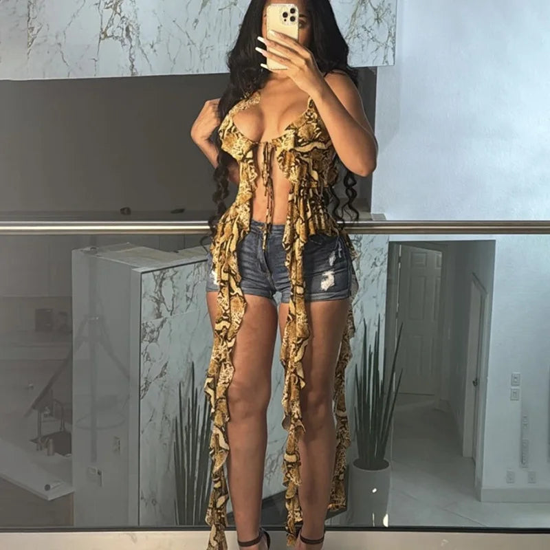 Sheer Mesh Spaghetti Strap Top White Ruffle Fringe Halter Tops Coquette Y2k Fairy Core Clothes 2024 Fashion