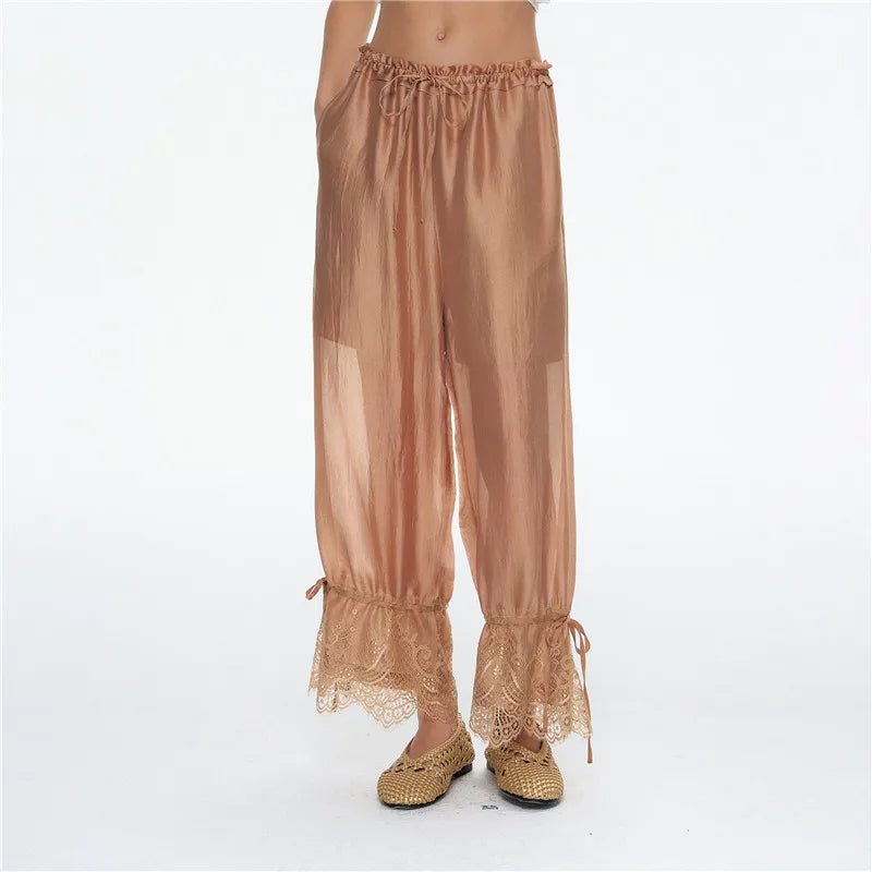 Women Boho Sheer Loose Harem Pants Drawstring Elastic Waist Lace Ruffle Hem Casual Beach Cover Up Trousers With Pockets