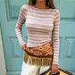 Ladies Striped Ribbed Knit Crop Top Boat Neck Long Sleeve Form Fitting Slim Fit Casual Streetwear Fall Winter Daily Wear