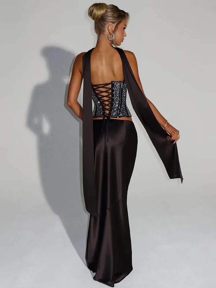 Sequins Sexy Dress Set Women Sparkle Scarf Collar Crop Tops And Maxi Skirt Elegant Club Party Satin Skirt Matching Set