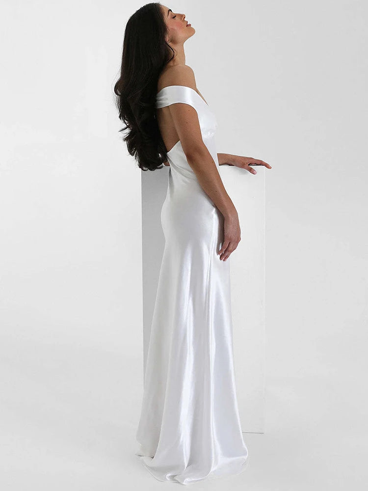 Satin Off-shoulder Backless Sexy Maxi Dress Women Gown Fashion Strapless Sleeveless High Waist Club Party Long Dresses