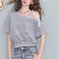 Sweet Lace Strap One-Shoulder Top, Boat Neck Short Sleeve, Casual Feminine Loose Top for Women