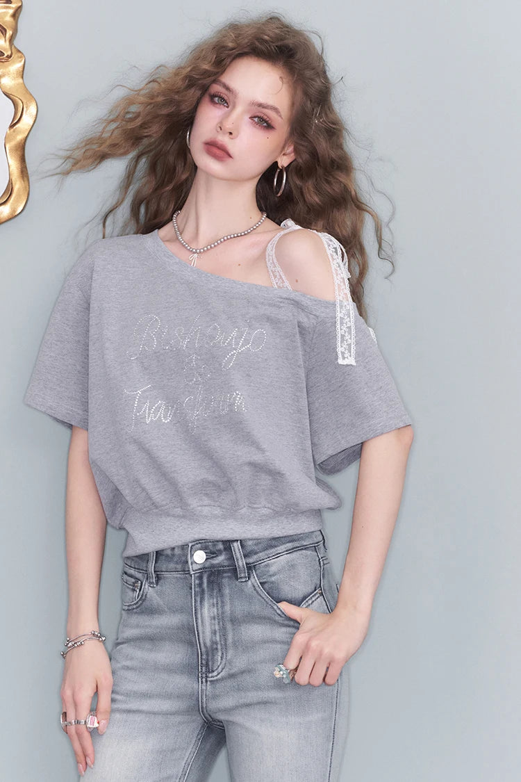 Sweet Lace Strap One-Shoulder Top, Boat Neck Short Sleeve, Casual Feminine Loose Top for Women