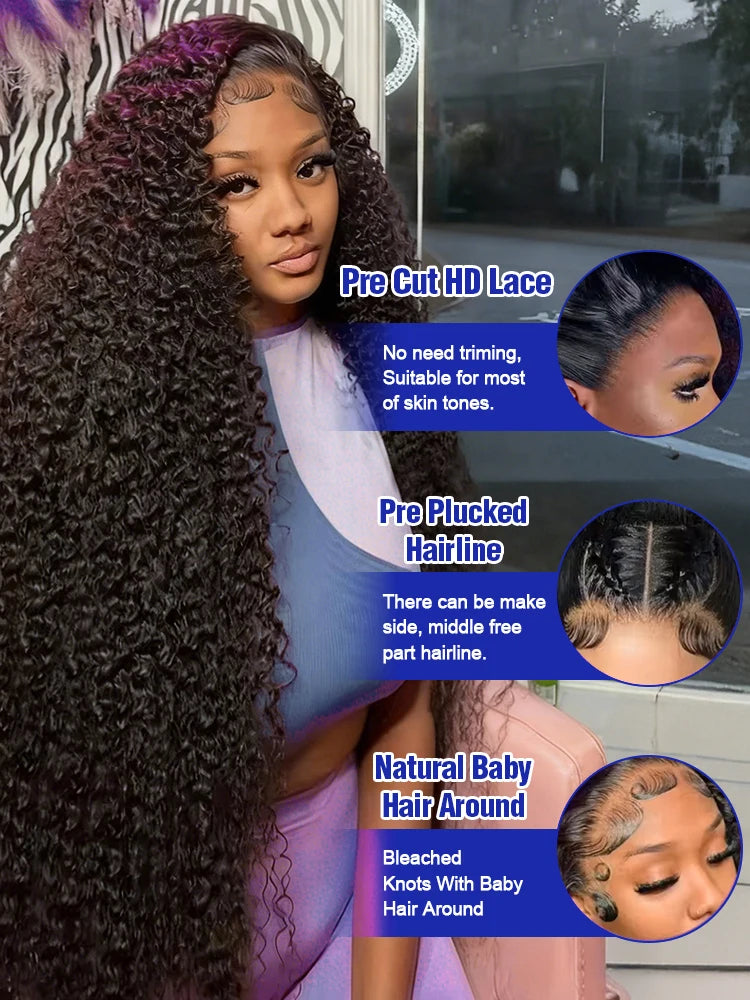 40 42 Inch 300% Density Natural Black Water Wave Jerry Curly Raw Vietnamese HD Invisible Lace Frontal Human Hair Wig For Women