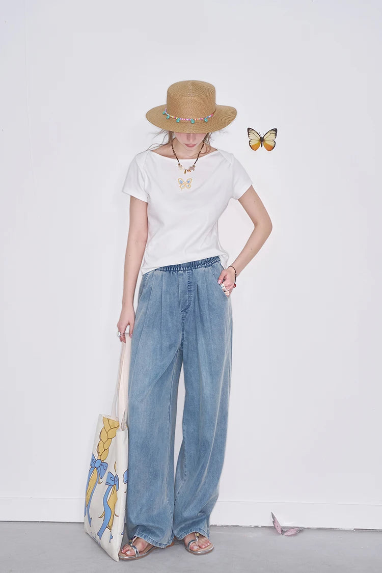 High Waist Wide Leg Jeans for Women, Casual Loose Fit Denim Pants with Elastic Waist, Lightweight Washed Trousers