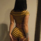 Street 3 Piece Women Striped Print Sexy Hottie Low-Neck Short Sleeve+Halter Bandages Tank Top+Bike Short Fashion Suit