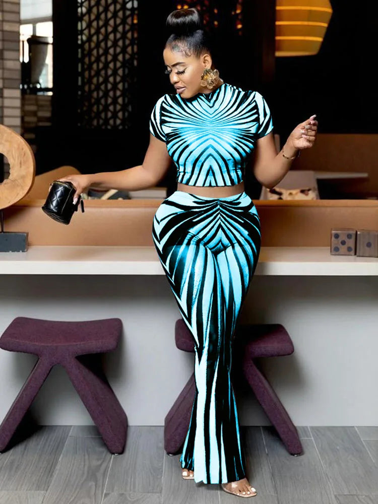 See Through Women 2Piece Set Sexy Stripe Print Summer Trend Shorts Sleeve Crop Tops+Flare Pants Matching Club Outfits