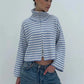 Women Striped Knitted Cardigan High Neck Double Zipper Long Sleeve Loose Cropped Sweater Coat Y2K Fall Winter Streetwear
