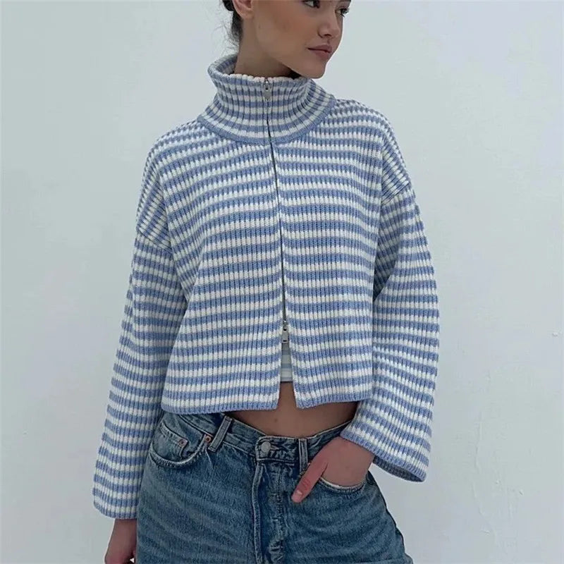 Women Striped Knitted Cardigan High Neck Double Zipper Long Sleeve Loose Cropped Sweater Coat Y2K Fall Winter Streetwear