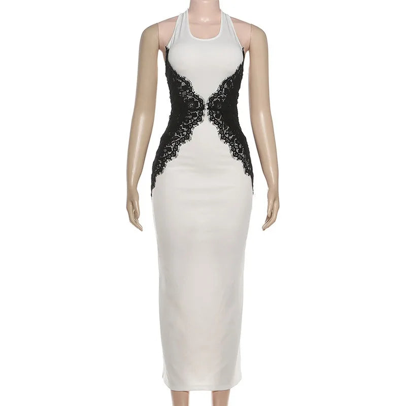 Lace Patchwork Backless Maxi Dresses Elegant Woman for Party Evening Dress White Black