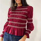 Women Smocked Ruffle Hem Blouses Pleated Patchwork Long Lantern Sleeve Ruched Shirts Y2k Vintage Going Out Babydoll Tops