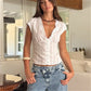 Fairy Grunge Kawaii Button Frill V Neck Cardigan Tee French Vintage Lace Trim T-shirt Summer Women Y2K Aesthetic CropTop