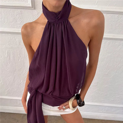 Elegant Plum Purple Halter Top Women Open Back Sleeveless Blouse Tie Waist Flowy Top For Office Commute And Casual Wear