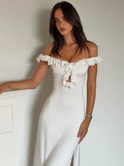Women Off Shoulder Ruffle Midi Dress Elegant Cutout Front High Waist Split Long Dress Wedding Party Evening Dress