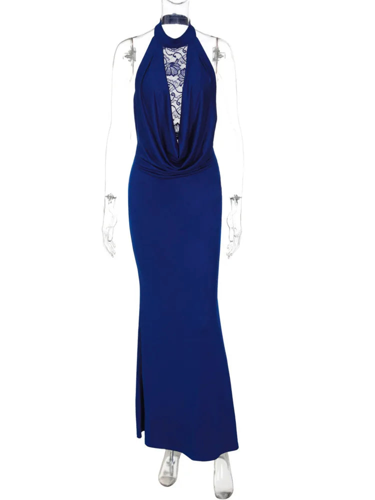 Halter Lace V Neck Sexy Maxi Dress Women Gown Elegant Lace Sheer Off-shoulder Backless Bodycon Club Party Long Dresses