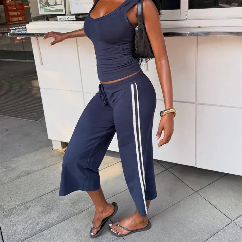 Women Y2K Side Striped Cropped Wide Leg Capri Pants Drawstring Waist Loose Sport Trousers Casual Streetwear Bottoms
