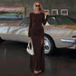 Long Sleeve Maxi Dress with Draped Waist and High Side Slit Elegant Brown Dresses for Woman Fall Winter 2026