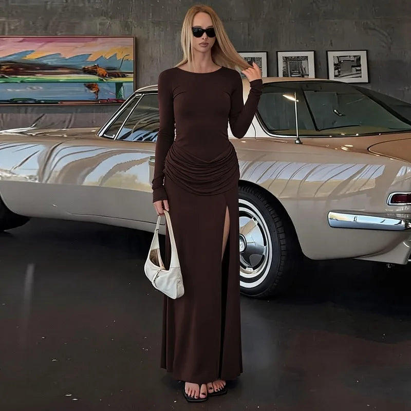 Long Sleeve Maxi Dress with Draped Waist and High Side Slit Elegant Brown Dresses for Woman Fall Winter 2026