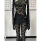 Lace Hollow Button Jumpsuits Women Long Sleeve Gloves Bow Metal Trim Button See Through Midnight Sexy Skinny Overalls