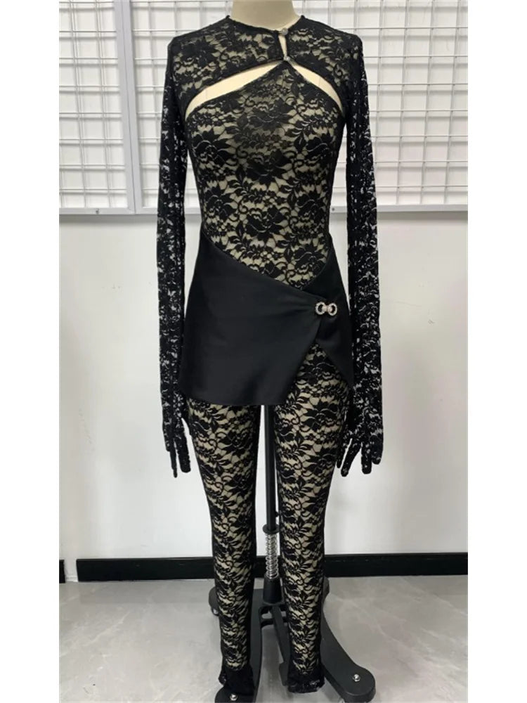 Lace Hollow Button Jumpsuits Women Long Sleeve Gloves Bow Metal Trim Button See Through Midnight Sexy Skinny Overalls