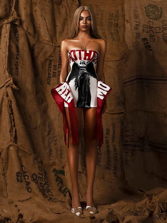 Sexy Fashion Print Mini Dress Women Off Shoulder Sleeveless Backless Skinny Peach Hip Midnight Hottie Wild Style Outfits