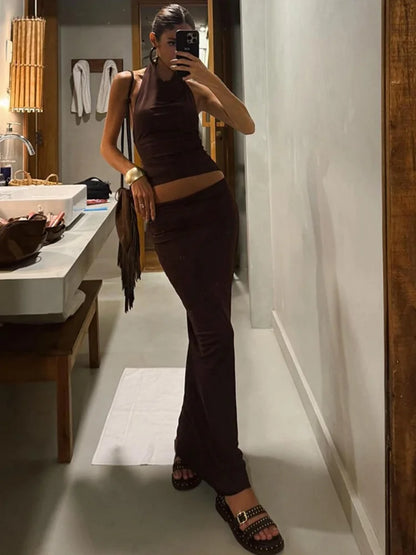 Sexy 2 Pieces Set Backless Halter Top and Maxi Skirt Matching Sets Summer Outfit Woman