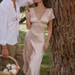 Women Satin Sexy Midi Dress Deep V Neck Lace Trim Ruffle Short Sleeve A Line Dress Wedding Guest Evening Party Dress