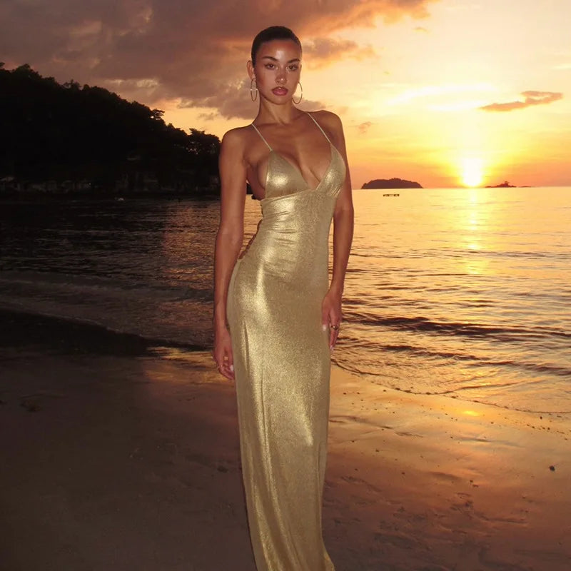 Butterfly Backless Deep V Neck Long Dress Summer 2026 Woman Clothes Sexy Gold Evening Dresses Luxury