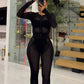 Sexy Patchwork Mesh 2-Piece Set Women Zip O-Neck Long Sleeve Crop Tops+Pants Stretch Matching Midnight Autumn Outfits