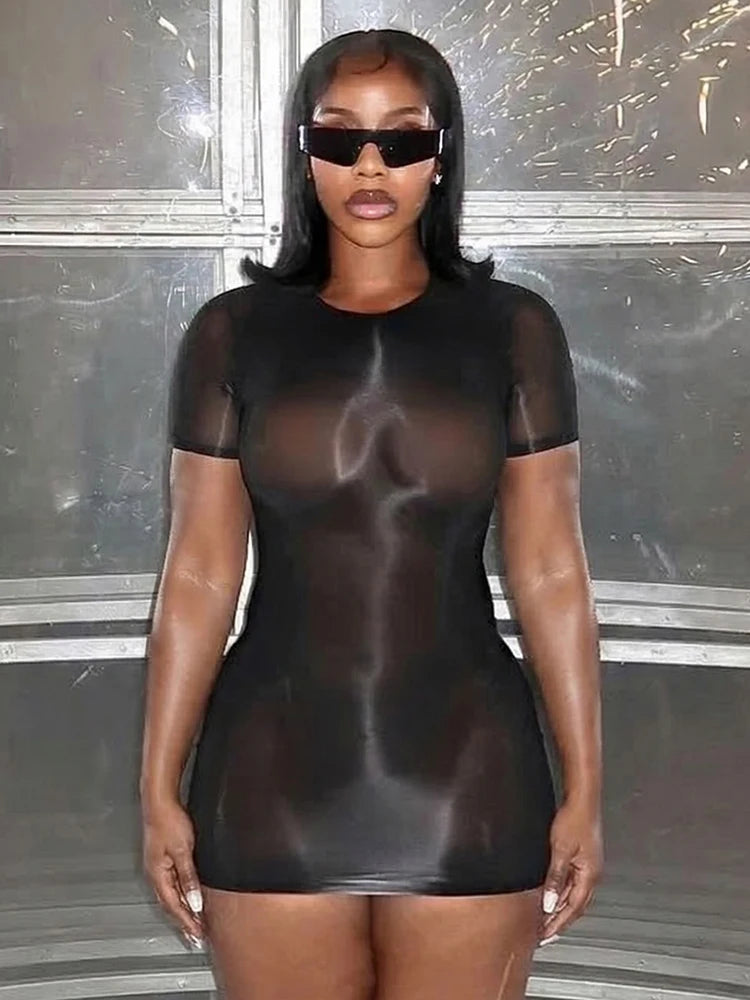 Sexy See Through Dress Women Y2K Summer O-Neck Short Sleeves Skinny Peach Hip Solid Elastic Clubwear midnight Bodycon