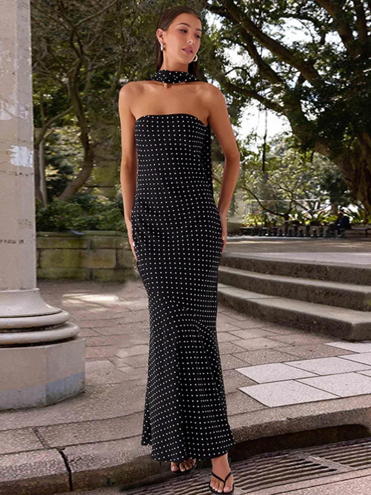 Polka Dot Strapless Sexy Maxi Dress Women Gown Elegant Scarf Collar Off-shoulder Backless Sleeveless Club Party Dress