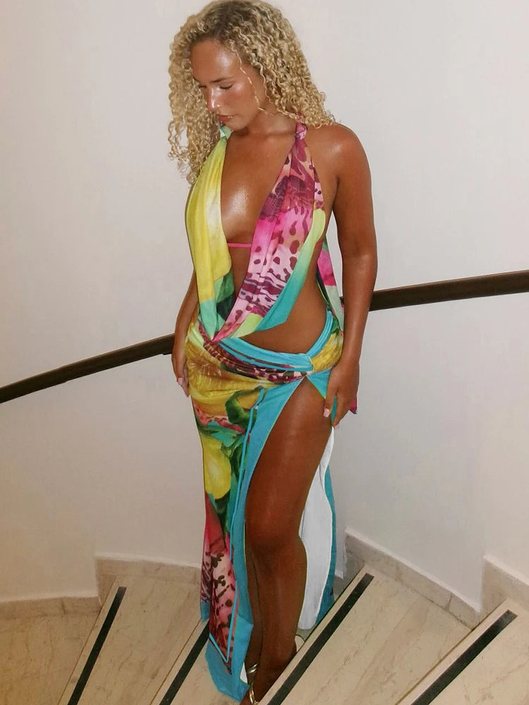 Colorful Leopard Women 2 Piece Set Y2K Beach Vacation Halter Tank Tops+Wrapped Maxi Skirts Matching Vacation Clubwear