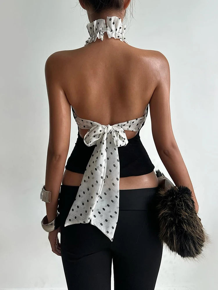 Sexy Mesh Halter Tank Top Women Patchwork Polka Dots Lace-Up Chest Wrapped Backless Street Stretch Skinny Clubwear