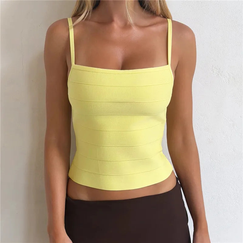 Women Slim Fit Bandage Ribbed Tank Top Square Neck Spaghetti Strap Sleeveless Bodycon Cropped Cami Top Summer Streetwear
