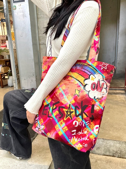 Y2K Plaid Cherry Hand Drawn Graffiti Large Capacity Tote Bag For Women