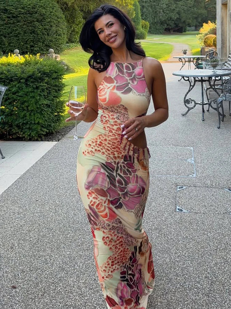 Sexy Hollow Tassel Decoration Dress Woman Colorful Print o-Neck Sleeveless Summer Vacation Elegant Style Long Bodycon