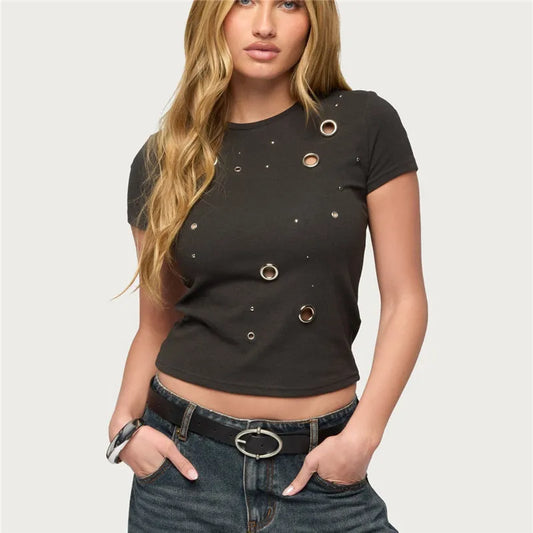 Womens Grommet Crop Top Short Sleeve Crew Neck Studded Tee Shirt Dark Grey Metal Embellished Cotton Blend Streetwear Top