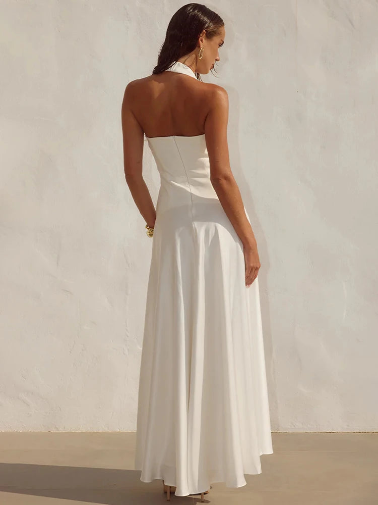 White Halter Backless Sexy Maxi Dress Women Elegant Square Collar Sleeveless Bodycon Club Party Long Dresses Female