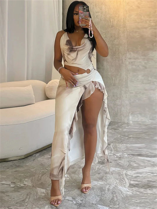 Tie Dye Print Dress Women Halter Sexy Hollow Backless Waistless Split Ruffle Trim Vacation Party Birthday Vestidos