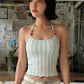 High Street Trend Stripes Tank Tops Women Hottie Backless Bead Halter Bandages Piping Stretch Fashion Simple Club Vest