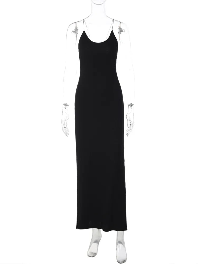 Spaghetti Strap Backless Sexy Maxi Dress Women Elegant Black Sleeveless Draped Bodycon Club Party Long Dress Female
