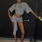 Stripe Print 2 Piece Set Woman o-Neck Half Sleeve Crop Tops+Bandage Taseel Mini Shorts High Street Fashion Outfits