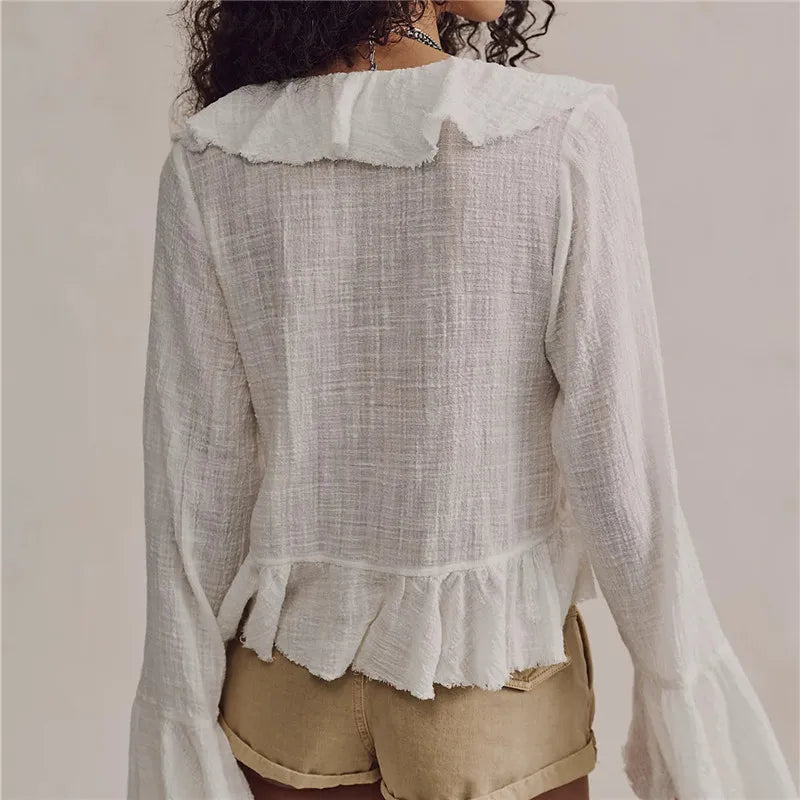 Y2K Retro Raw Fringe Ruffle Crop Blouse Women Crinkled Texture V Neck Tie Front Flare Long Sleeve Casual Street Shirts
