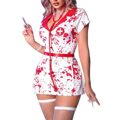 Women Bloody Nurse Halloween Costume Horror Zombie Cosplay Dress V Neck Short Sleeve Mini Bodycon Uniform Party Role Play Outfit