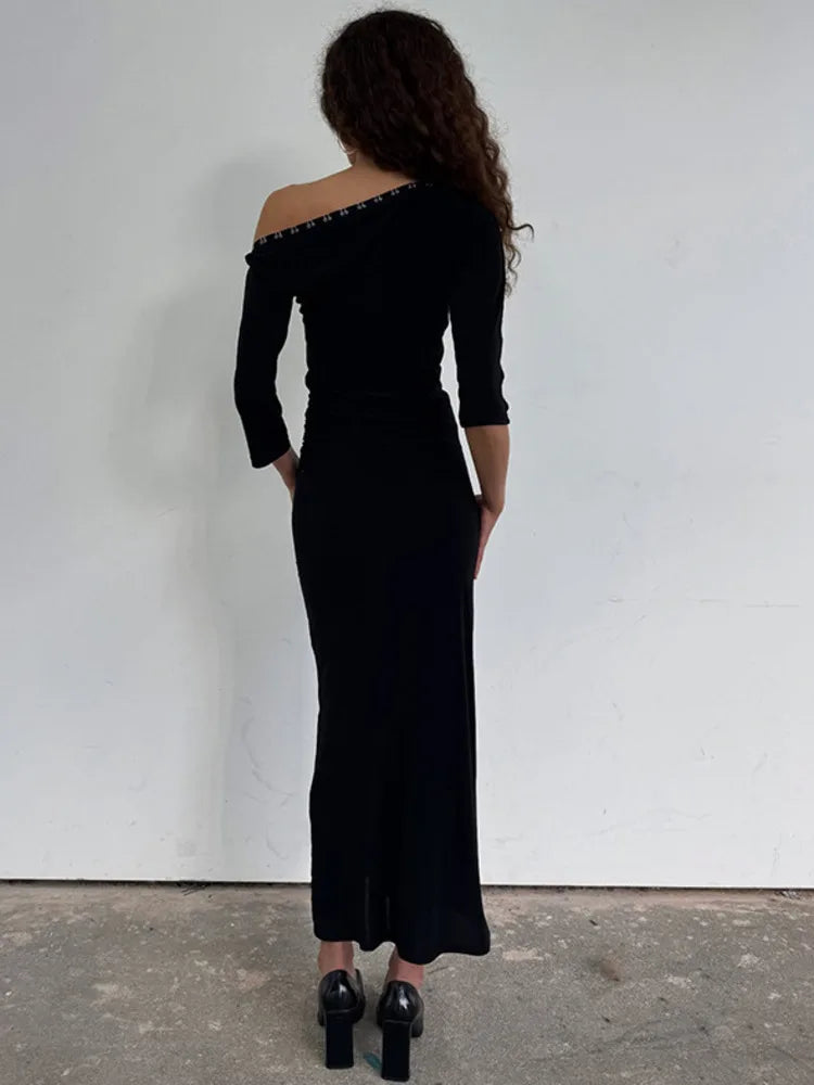 Off-shoulder Backless Sexy Maxi Dress Women Elegant Black Bodycon Ruched Split Party Club Long Dress Female Gown