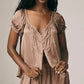 Women Cute Babydoll Lace Trim Satin Shirt Y2k Puff Sleeve Crewneck Button Front Relax Fit Baby Tee Summer Going Out Top