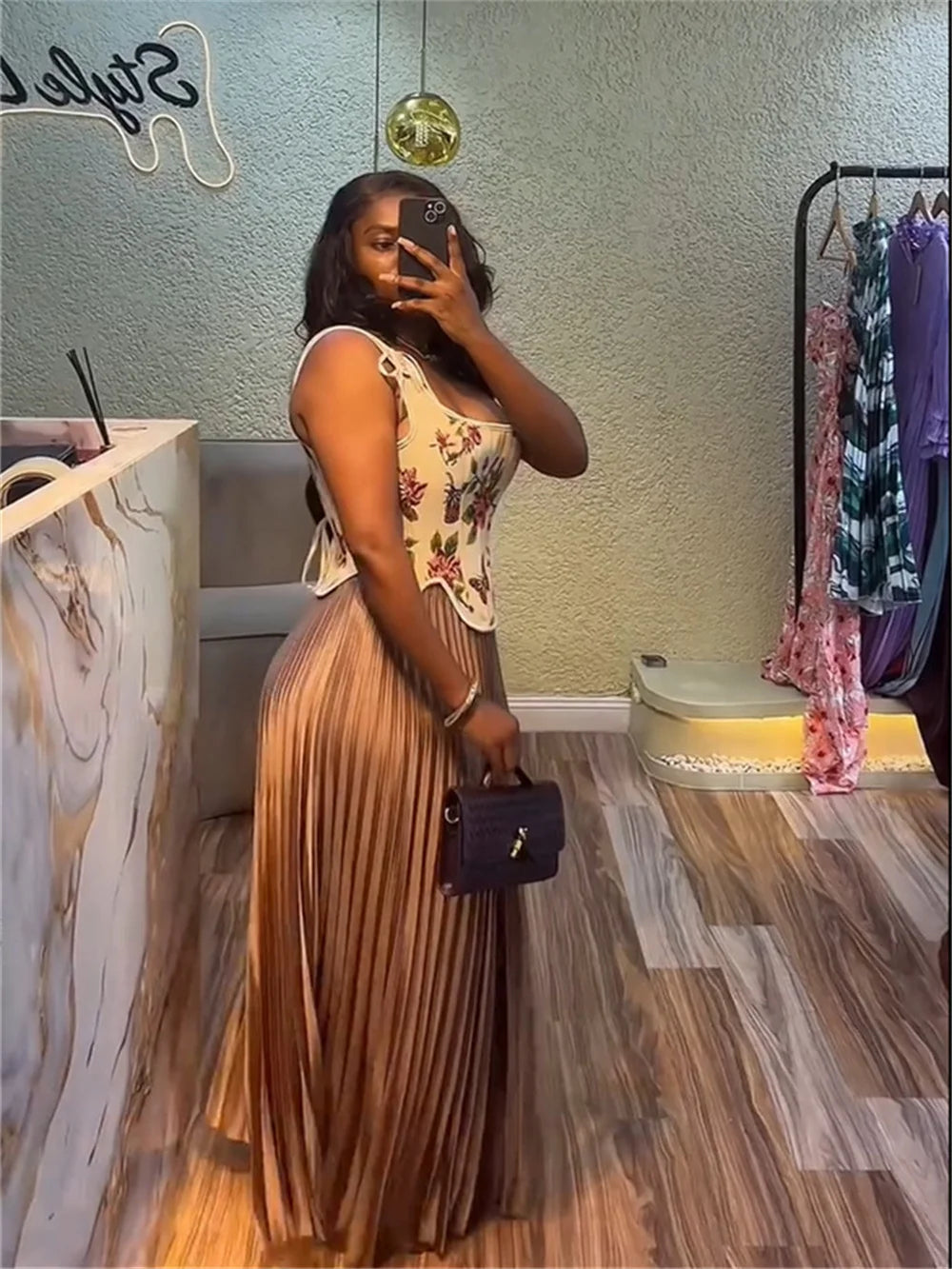 Elegant 2-Piece Set Women Irregular Hem Shirring Floral Fishbone Tank Tops+Pleated Long Skirts Evening Party Outfits